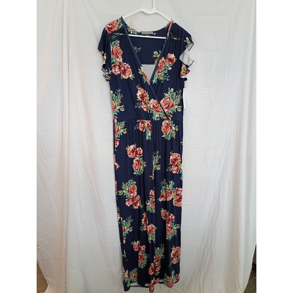 Loveappella Navy Blue Floral Print V-Neck Flutter Sleeve Maxi Jumpsuit